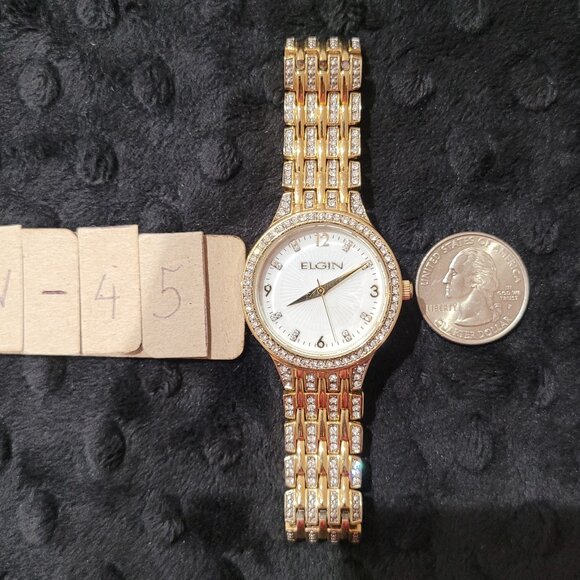 Item #W45  Elgin Men's watch Crystal accents face and band Gold tone  EG201810 - Picture 1 of 6
